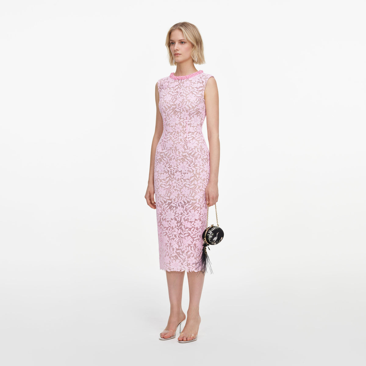 Pink Lace Beaded Trim Midi Dress