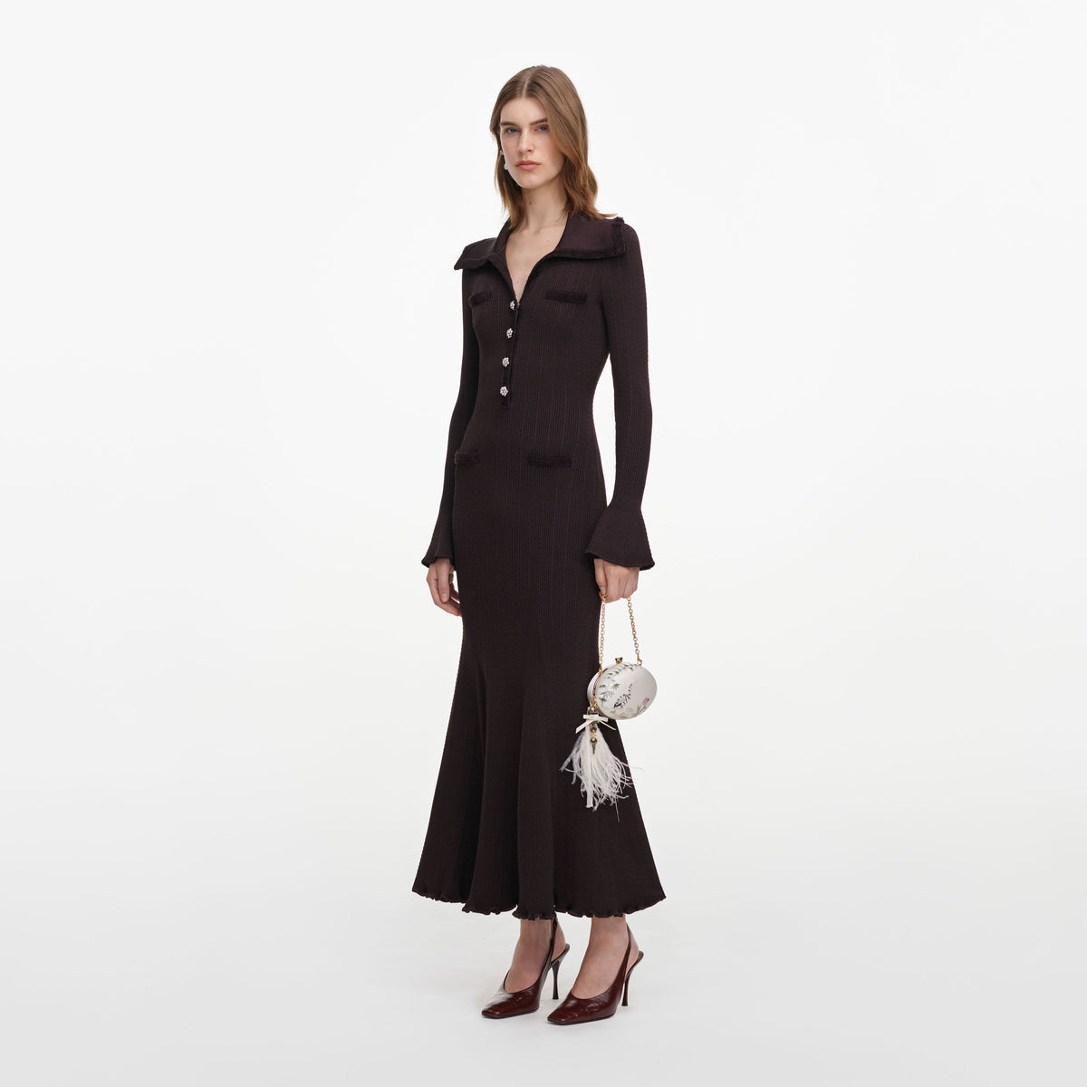 Brown Fringe Knit Midi Dress