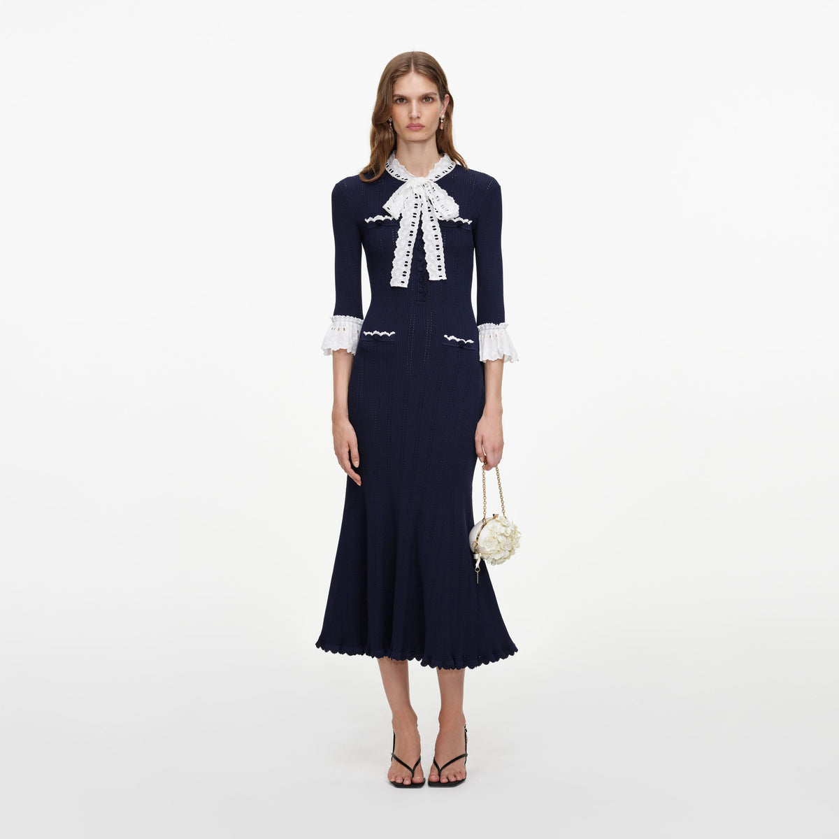 Navy Pointelle Lace Knit Midi Dress