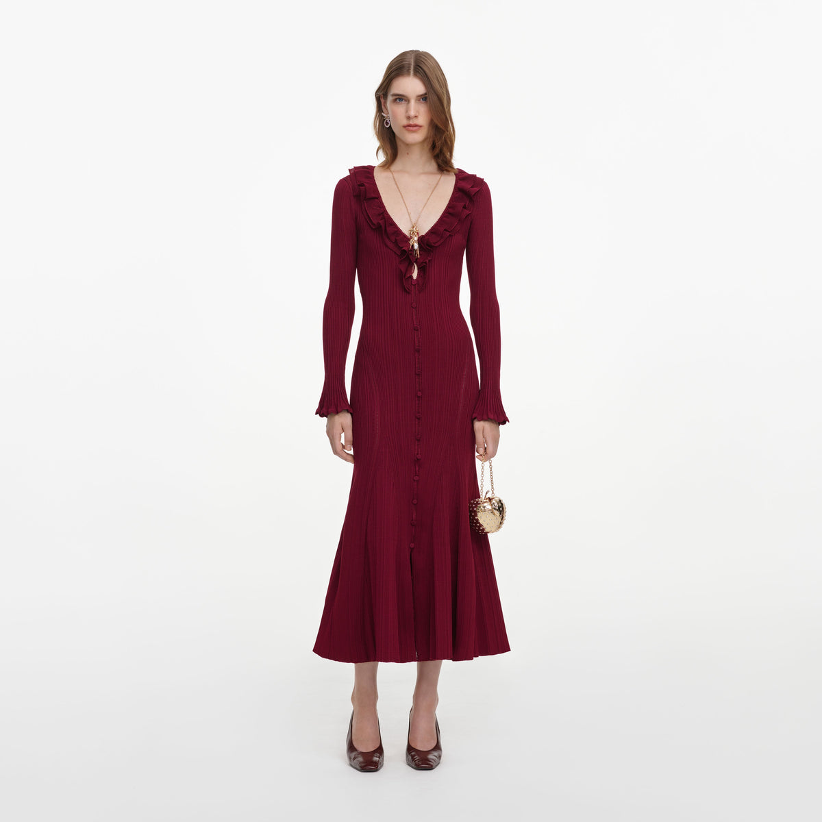 Burgundy Ruffle Knit Midi Dress