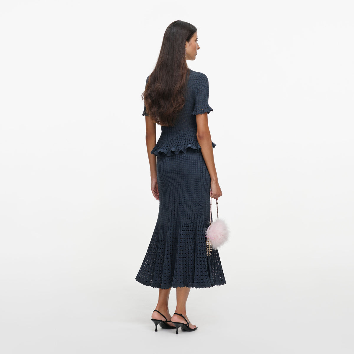 Grey Pointelle Peplum Knit Midi Dress