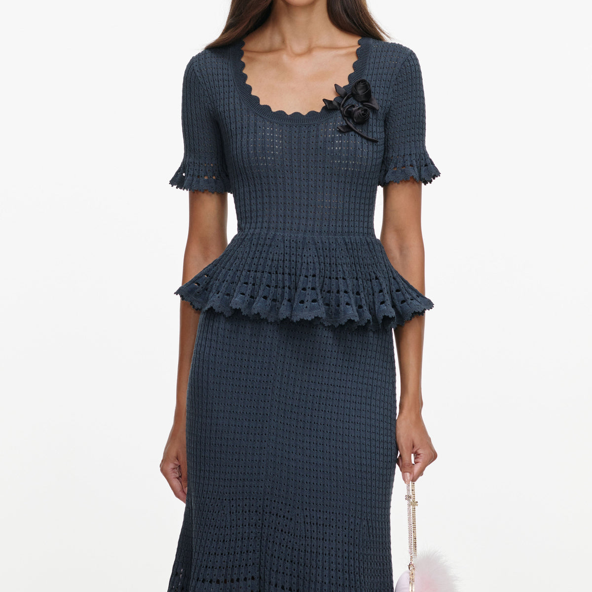 Grey Pointelle Peplum Knit Midi Dress
