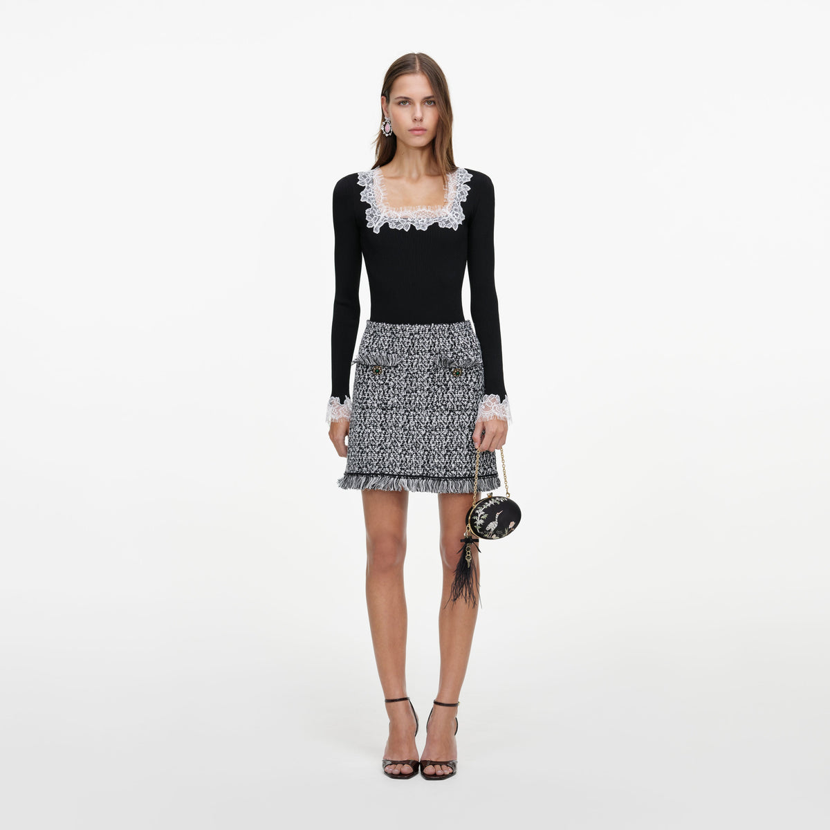 Black And White Textured Knit Mini Skirt