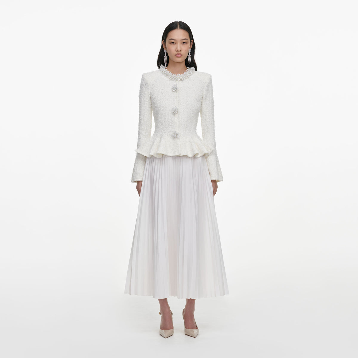 White Textured Knit Chiffon Midi Dress