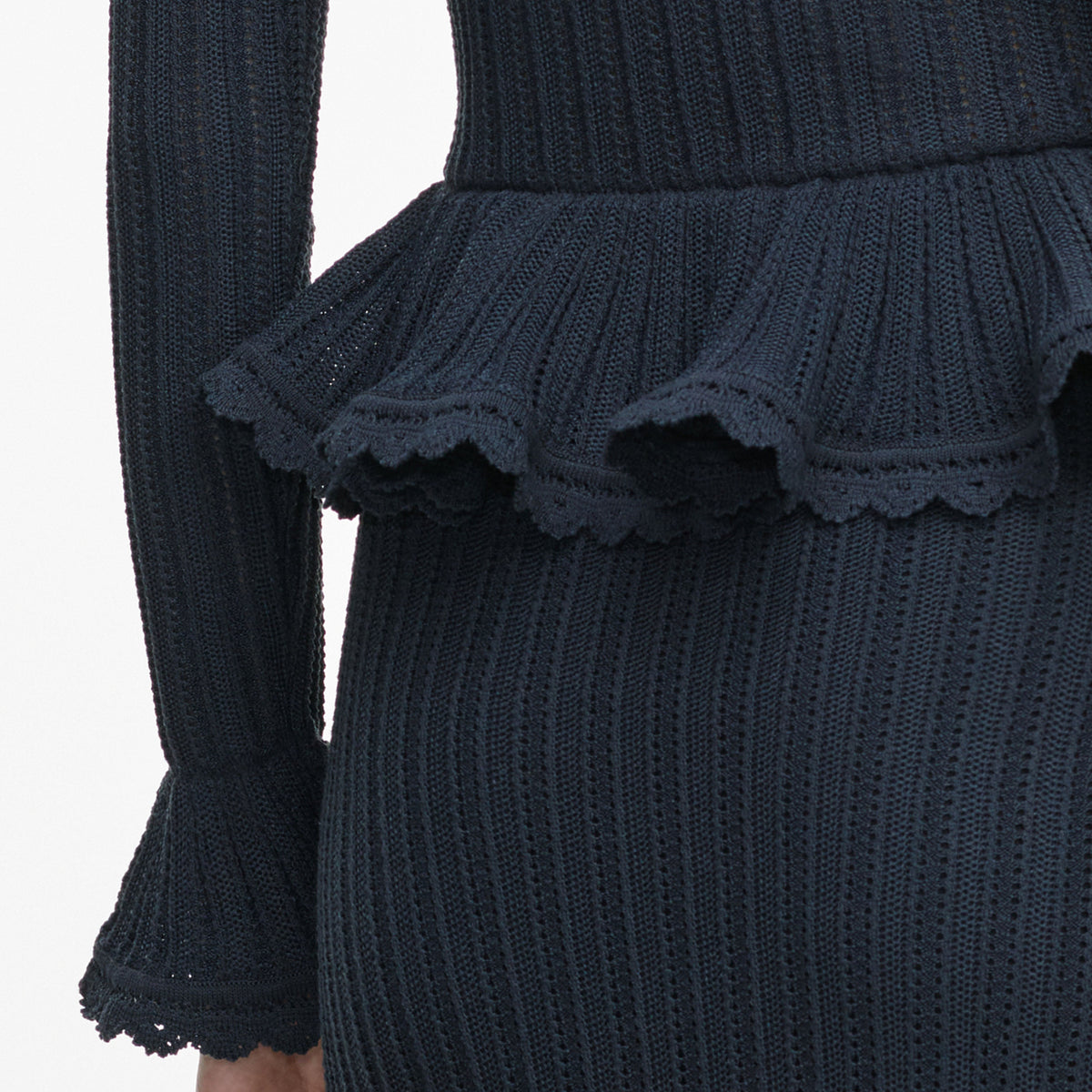 Grey Peplum Pointelle Knit Midi Dress
