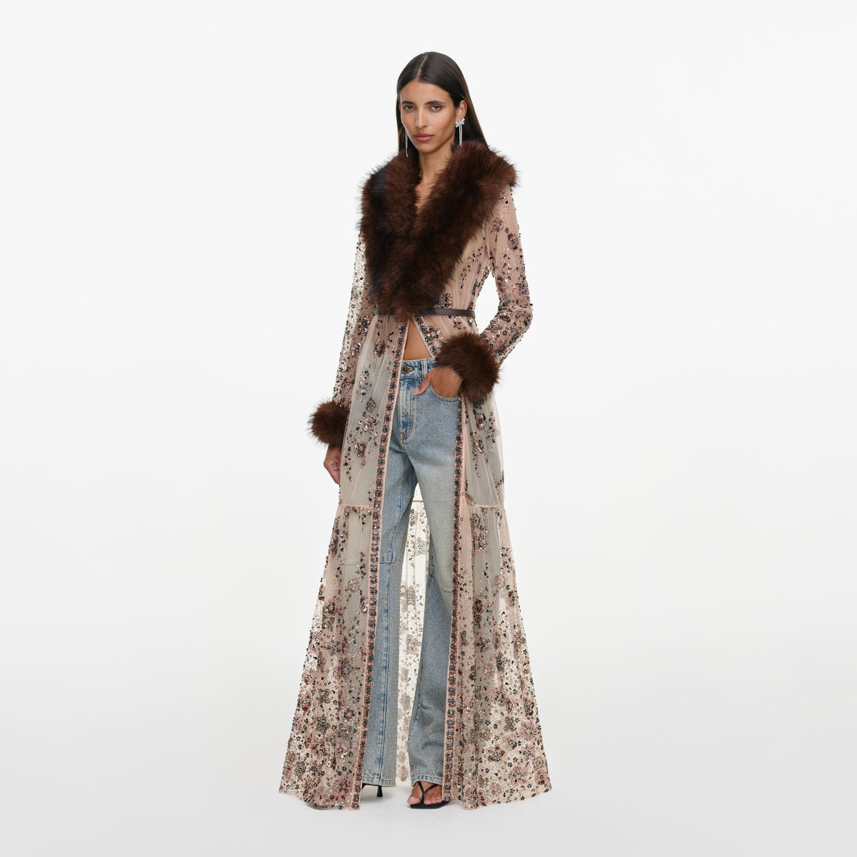 Beige Sequin Embellished Fur Maxi Dress