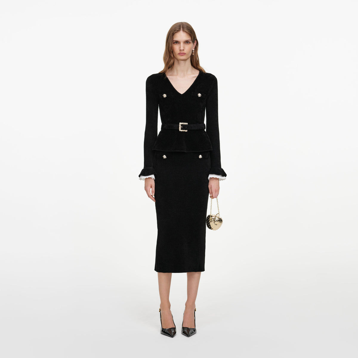 Black Chenille Peplum Knit Midi Dress