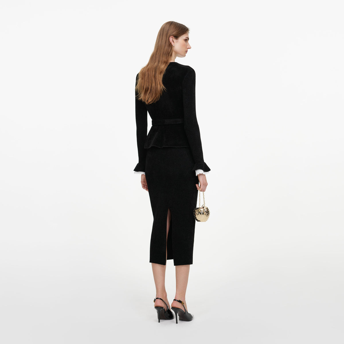 Black Chenille Peplum Knit Midi Dress