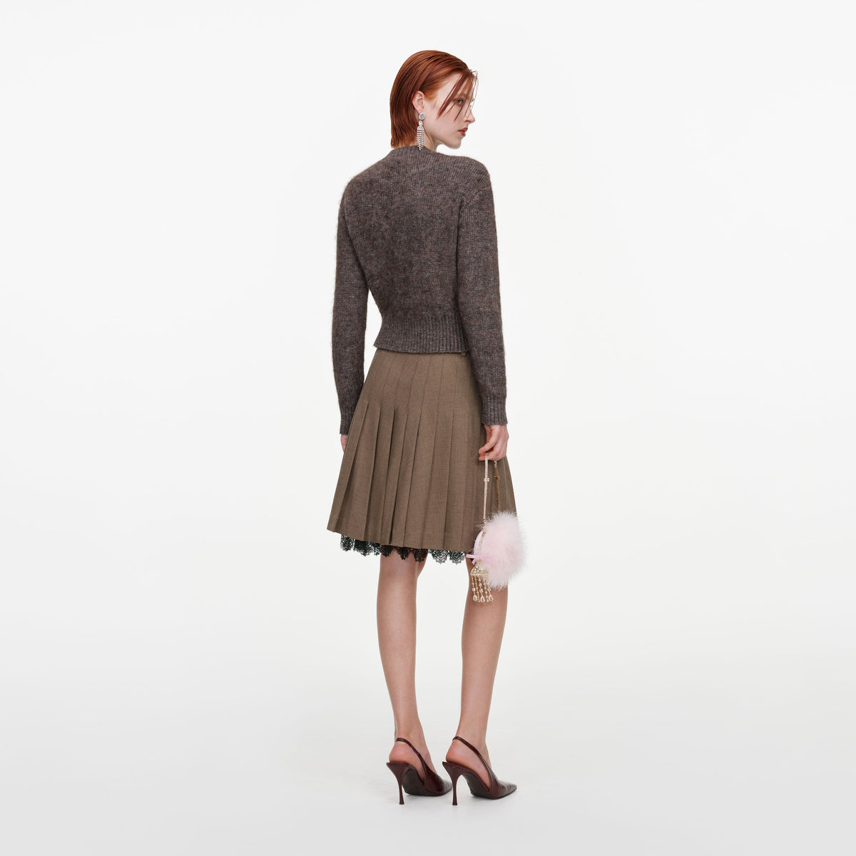 Brown Twill Lace Pleated Midi Skirt