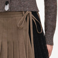Brown Twill Lace Pleated Midi Skirt