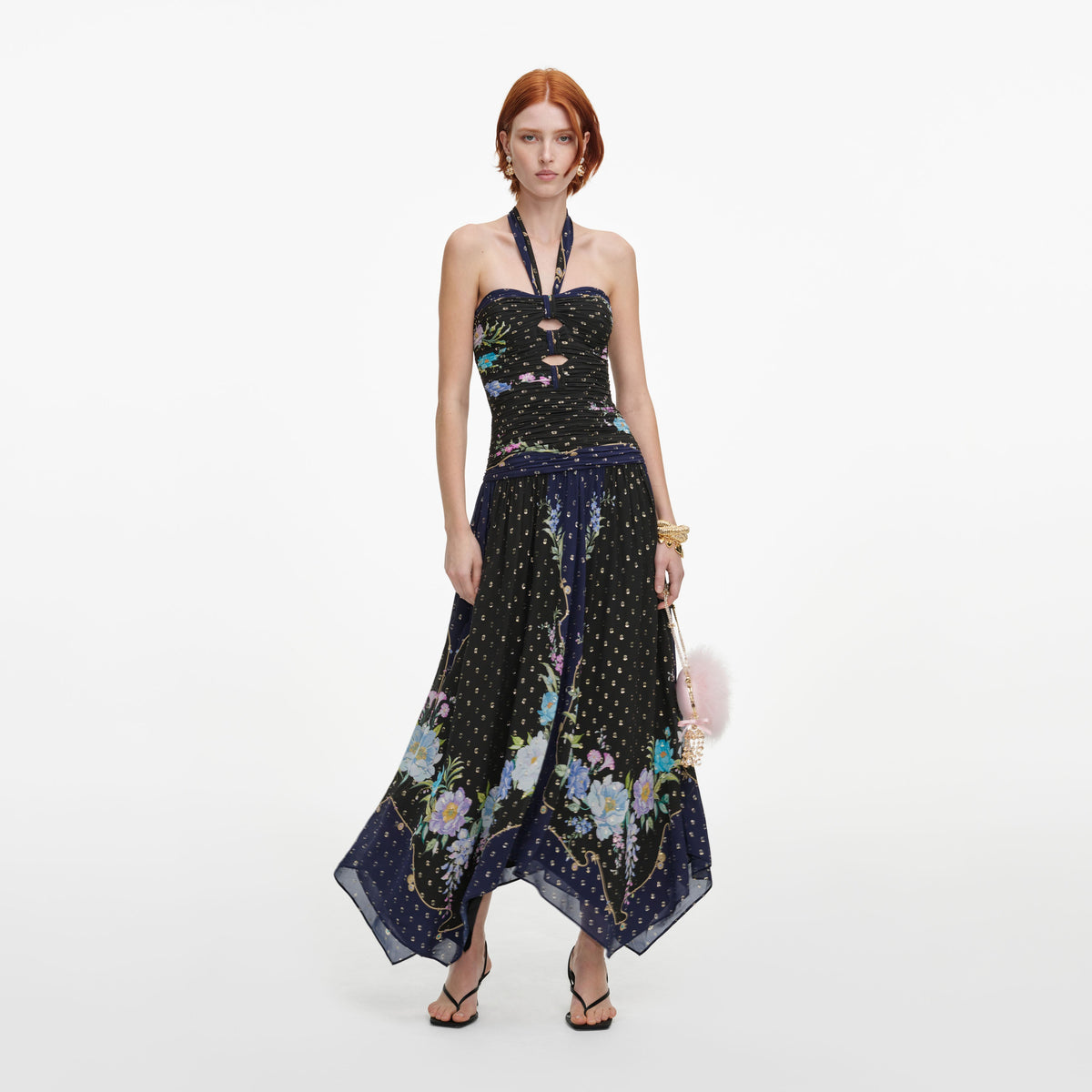 Navy Metallic Chiffon Midi Dress