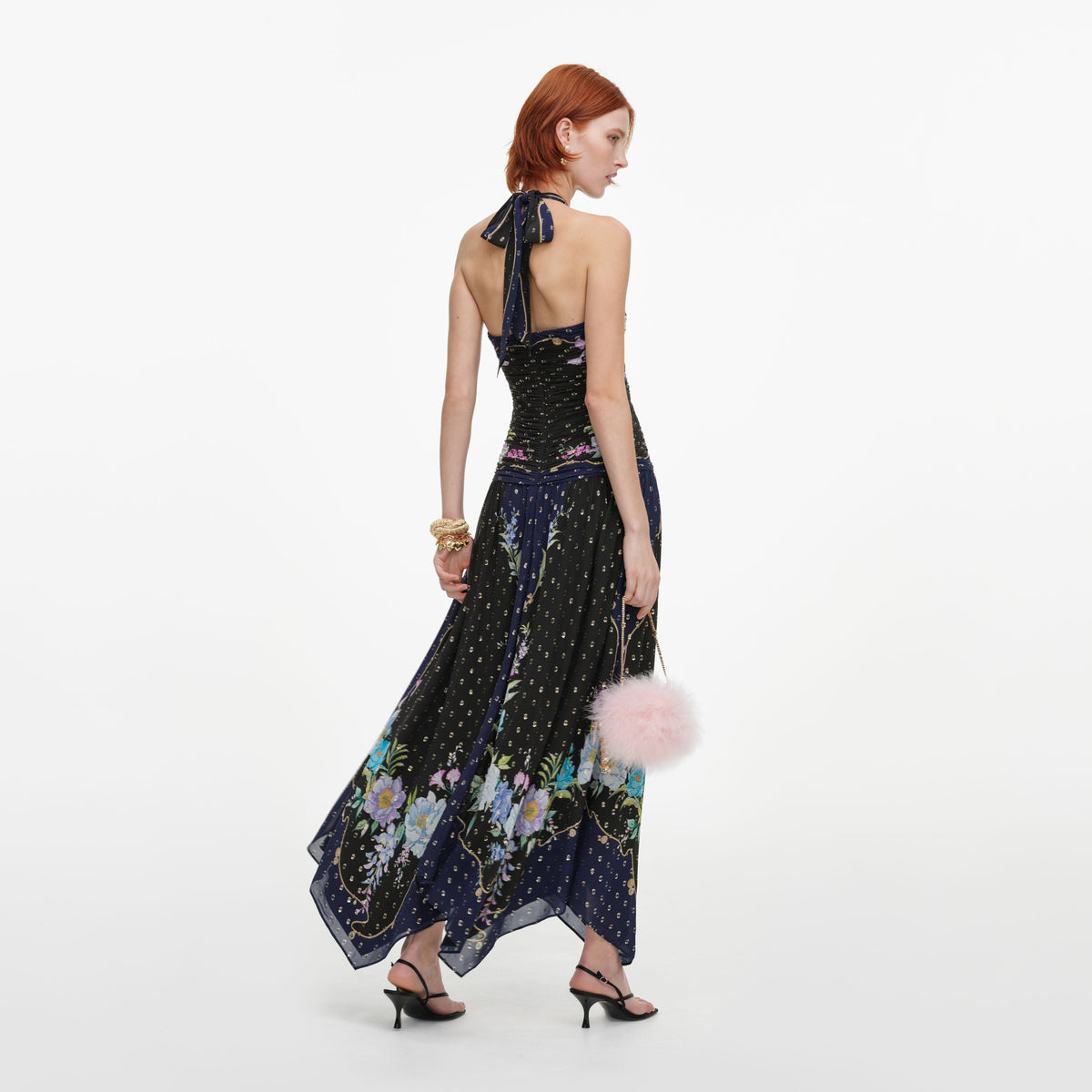 Navy Metallic Chiffon Midi Dress