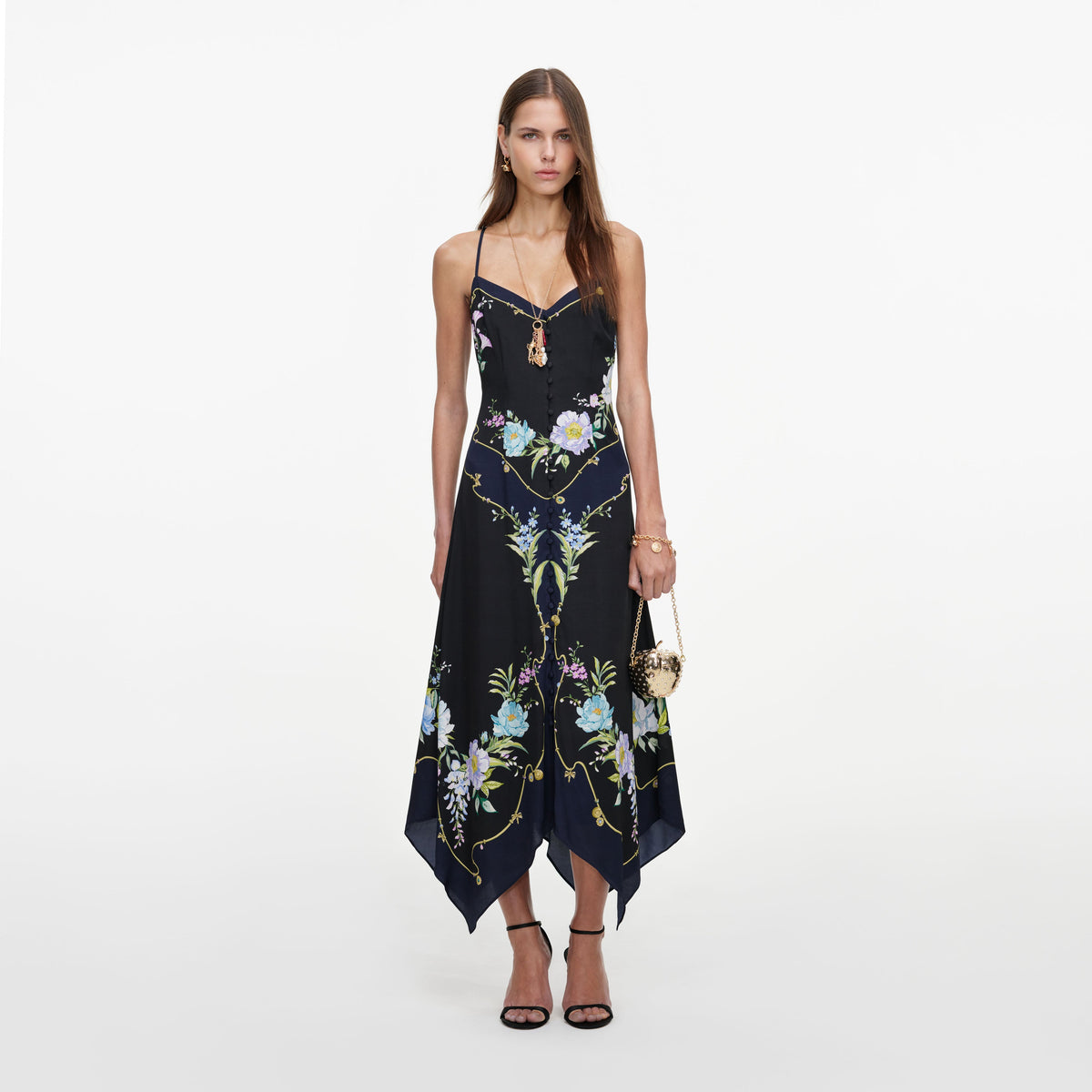 Front view of a woman wearing the Navy Floral Midi Dress