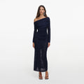 Navy Jacquard Gathered Knit Midi Dress