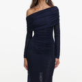 Navy Jacquard Gathered Knit Midi Dress