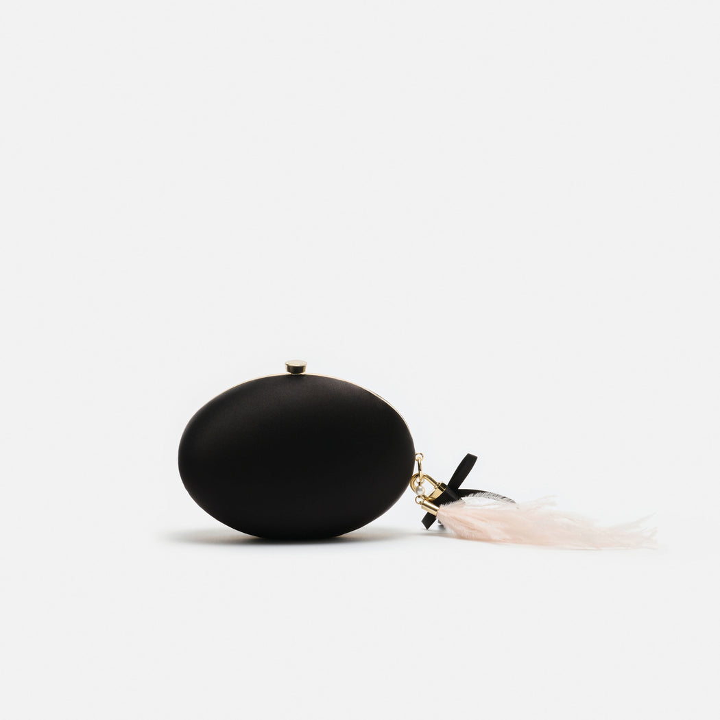 Black Satin Embroidered Oval Clutch Bag