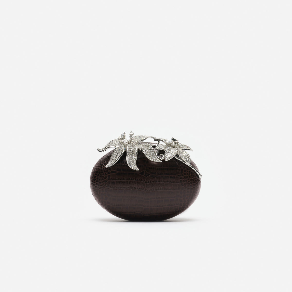 Brown Leather Crystal Flower Oval Clutch Bag