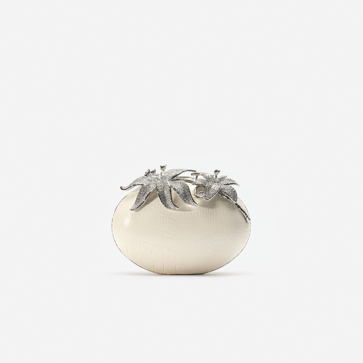 Cream Leather Crystal Flower Oval Clutch Bag