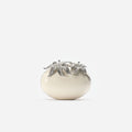 Cream Leather Crystal Flower Oval Clutch Bag