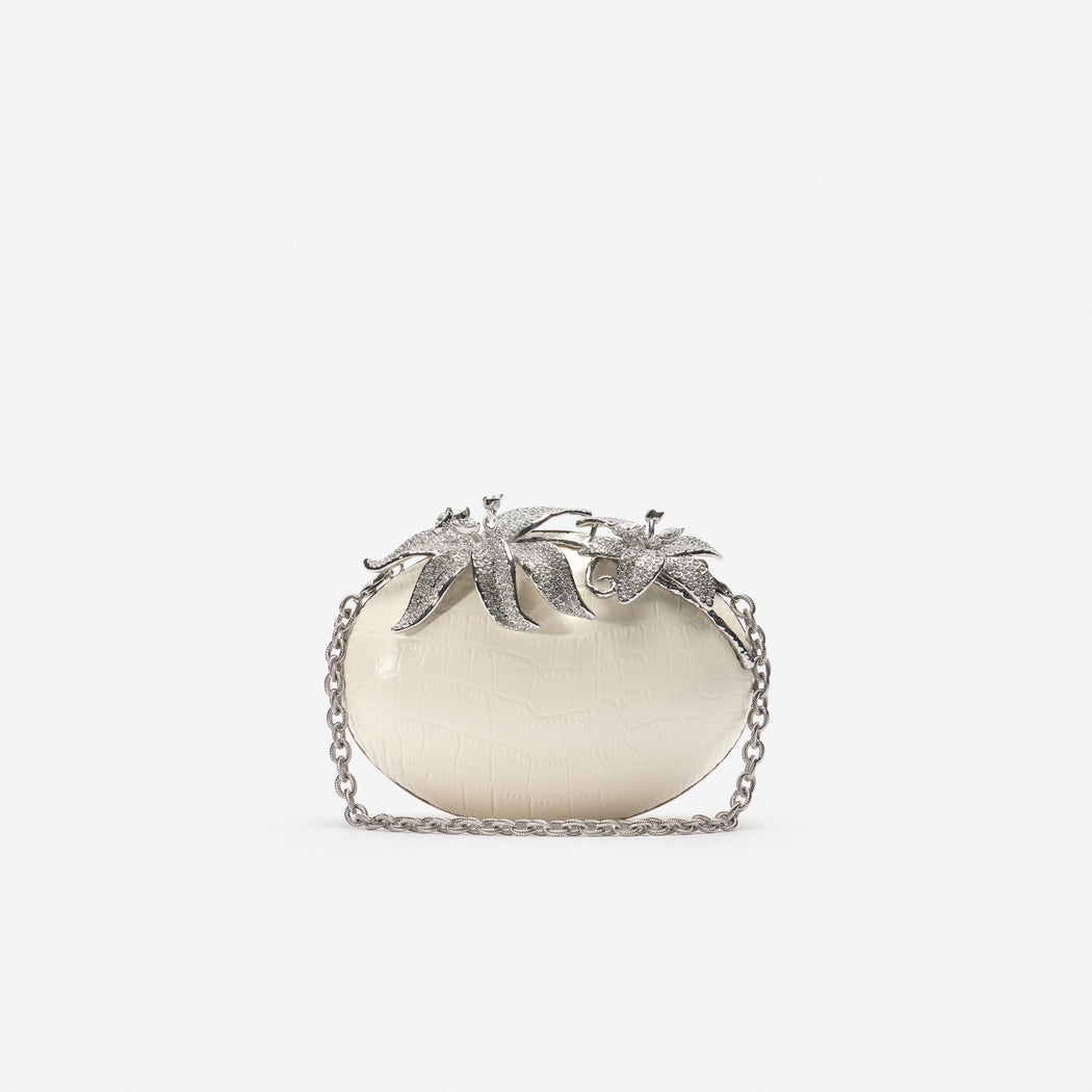Cream Leather Crystal Flower Oval Clutch Bag