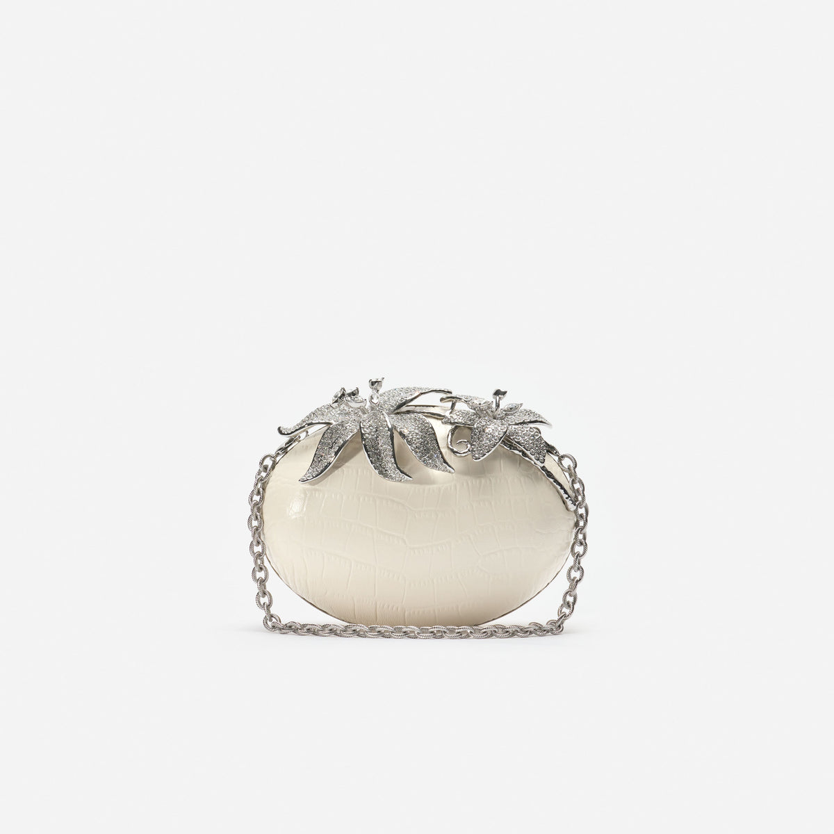 Cream Leather Crystal Flower Oval Clutch Bag