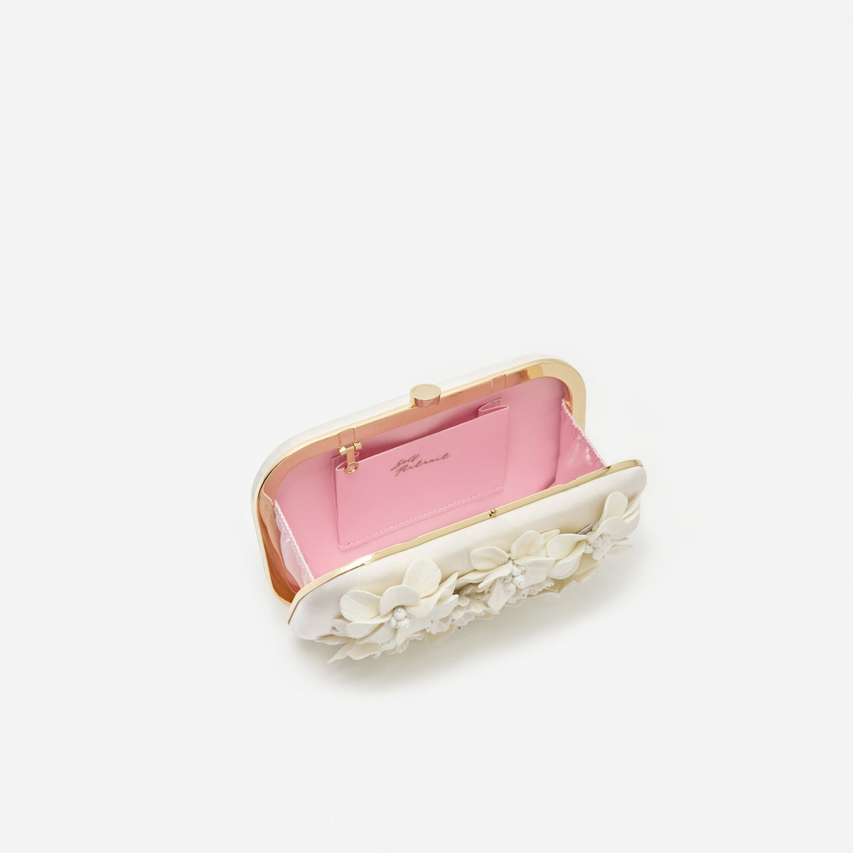 Cream Satin Floral Textured Clutch Bag