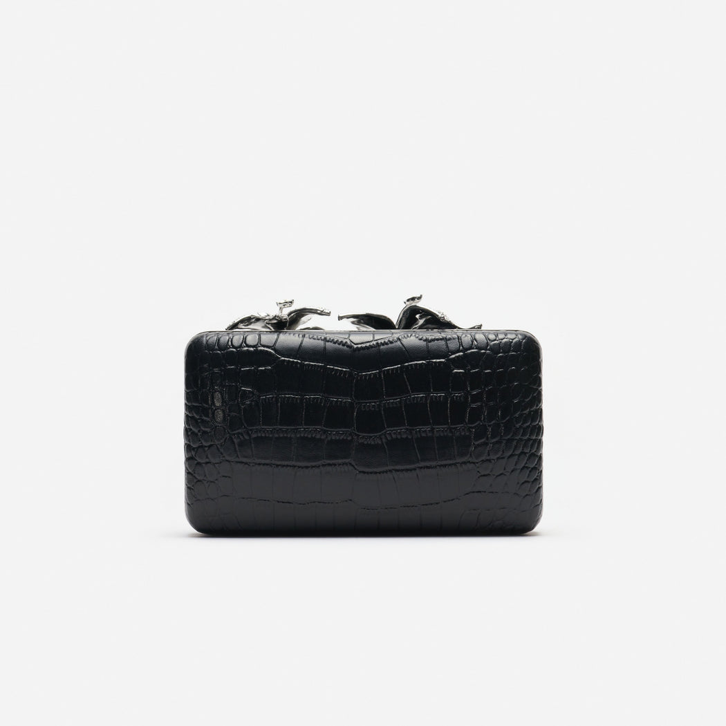 Black Croc Leather Crystal Flower Clutch Bag