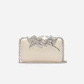Cream Leather Crystal Flower Clutch Bag