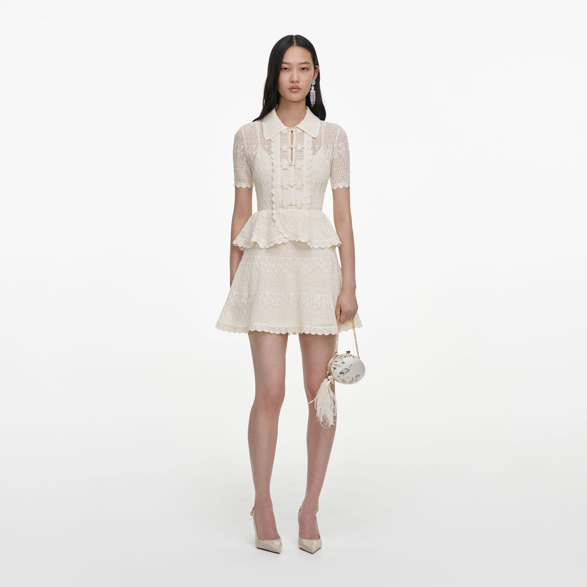 Cream Pointelle Knit Wrap Peplum Dress