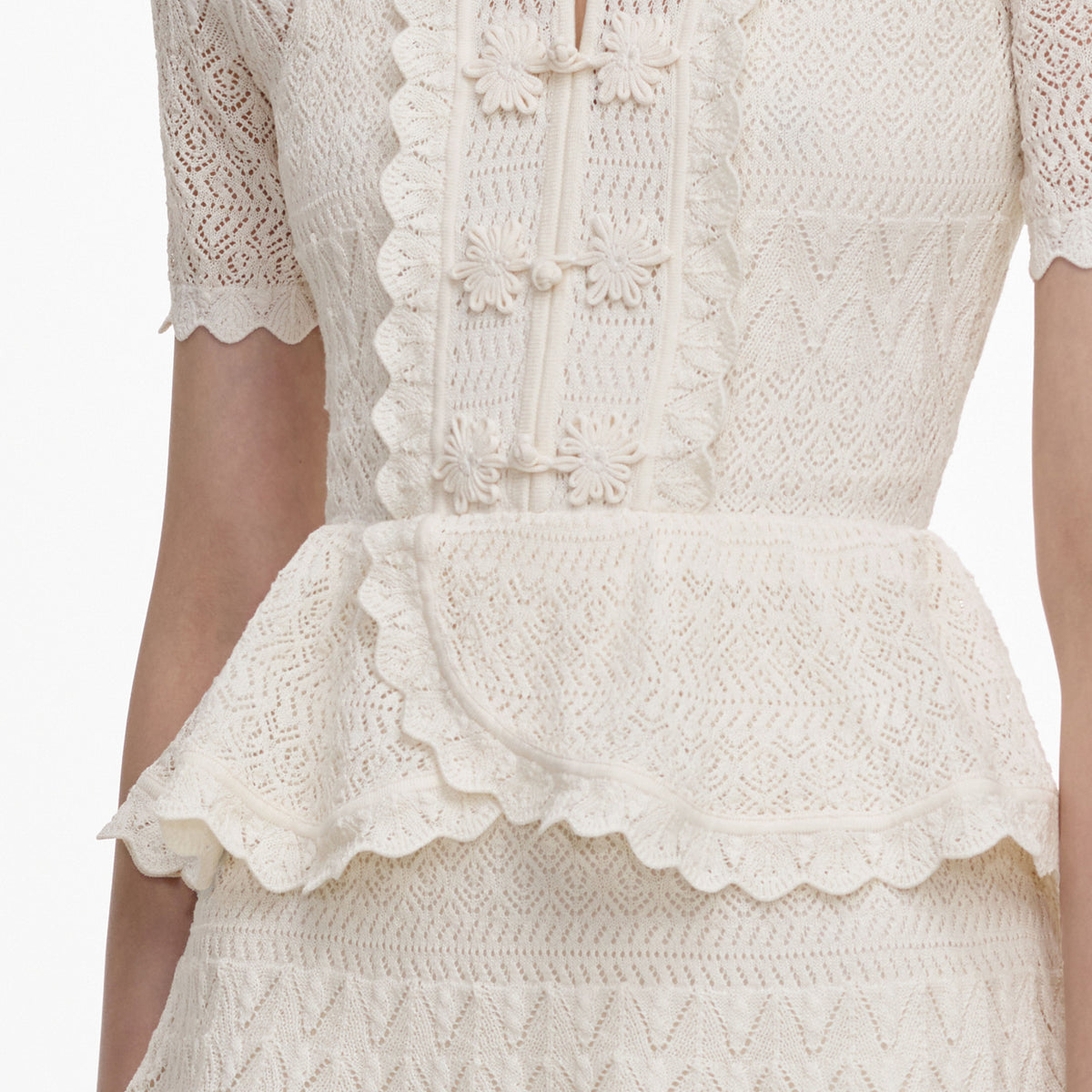 Cream Pointelle Knit Wrap Peplum Dress