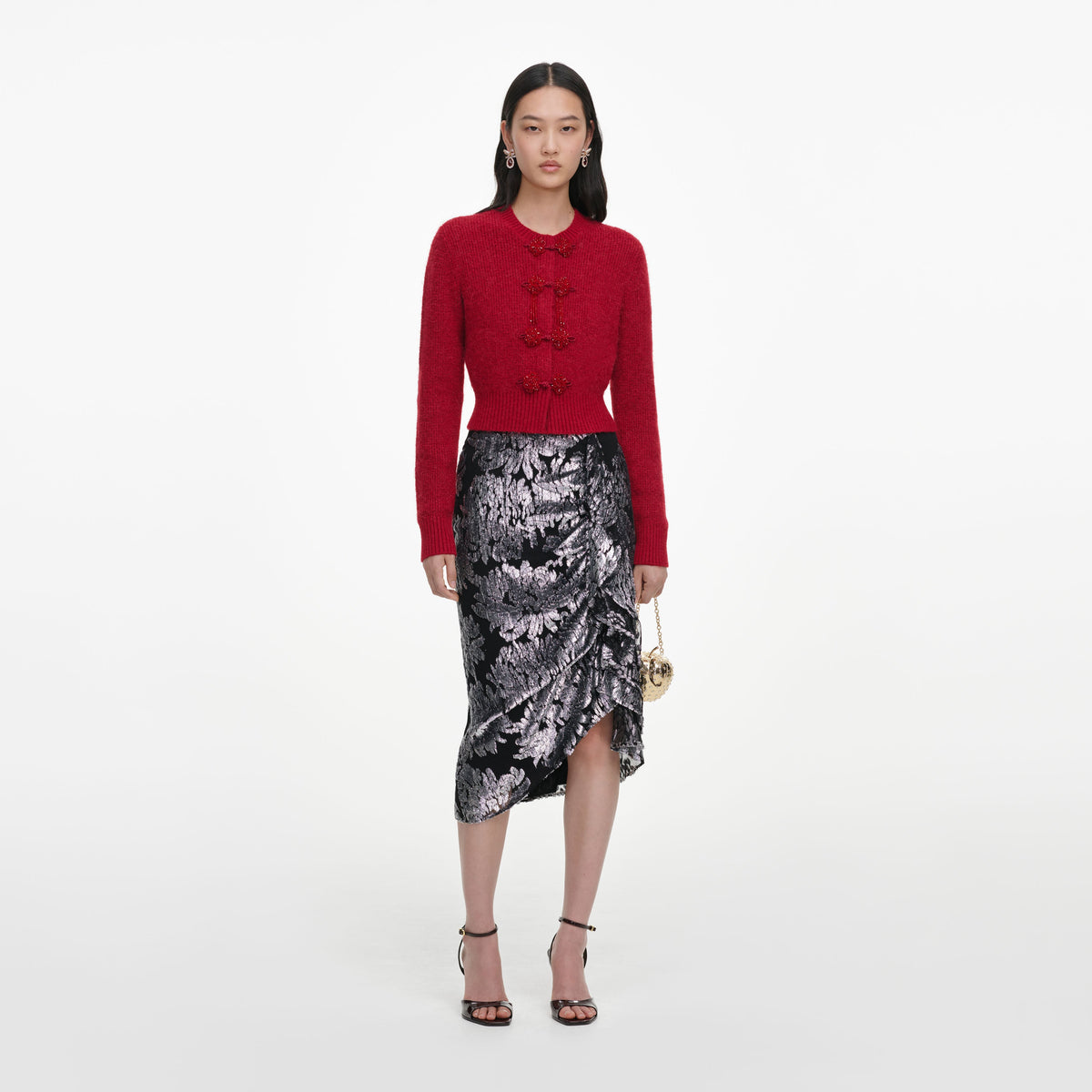 Front view of a woman wearing the Red Soft Knit Cardigan