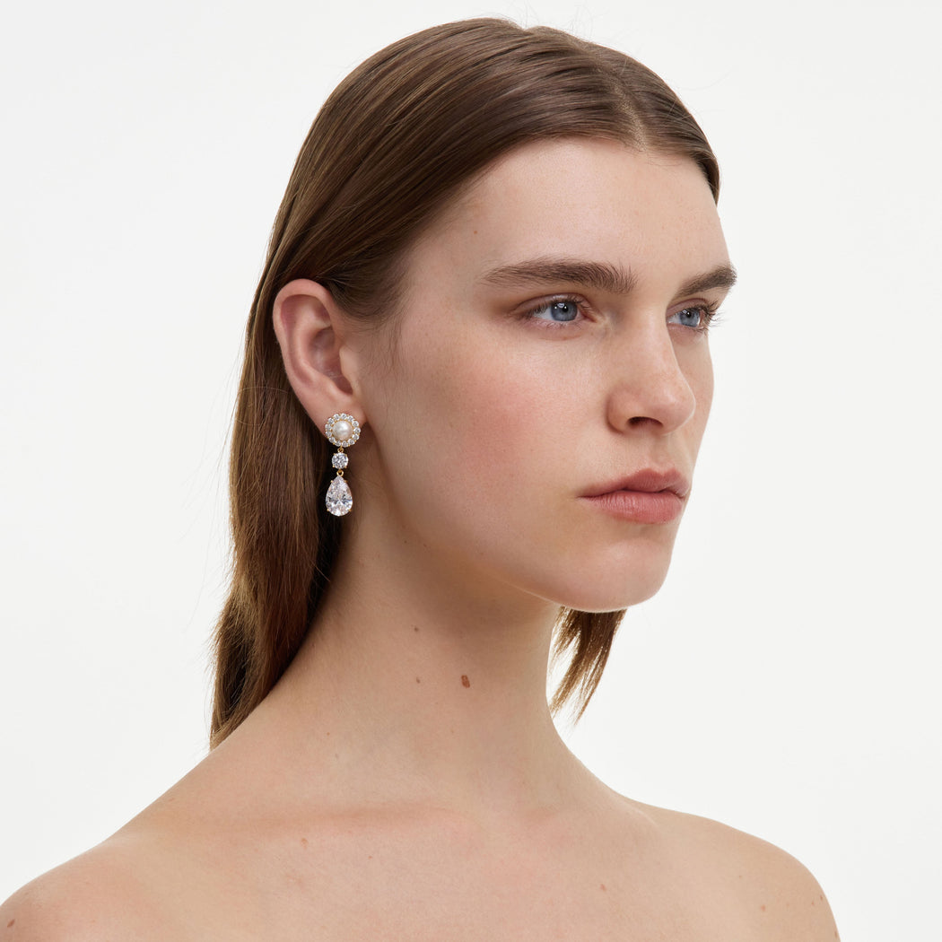 Gold Pearl Tiered Crystal Earrings