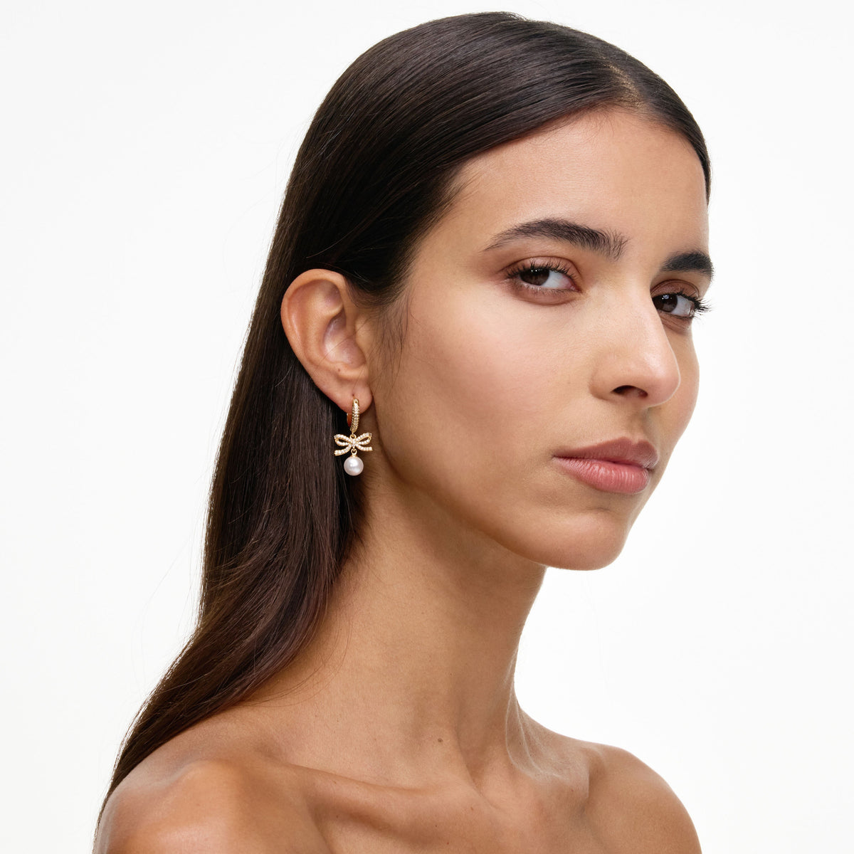 Gold Crystal Bow Pearl Hoop Earrings