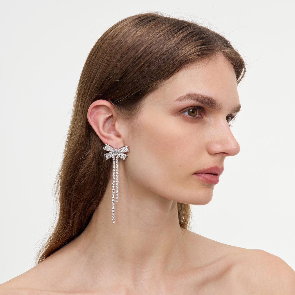 Silver Crystal Bow Dangle Earrings
