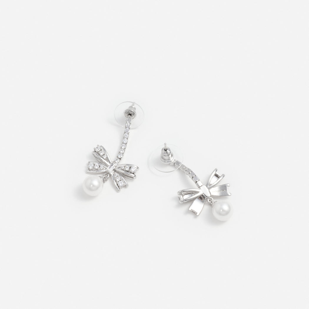 Silver Crystal Bow Pearl Droplet Earrings