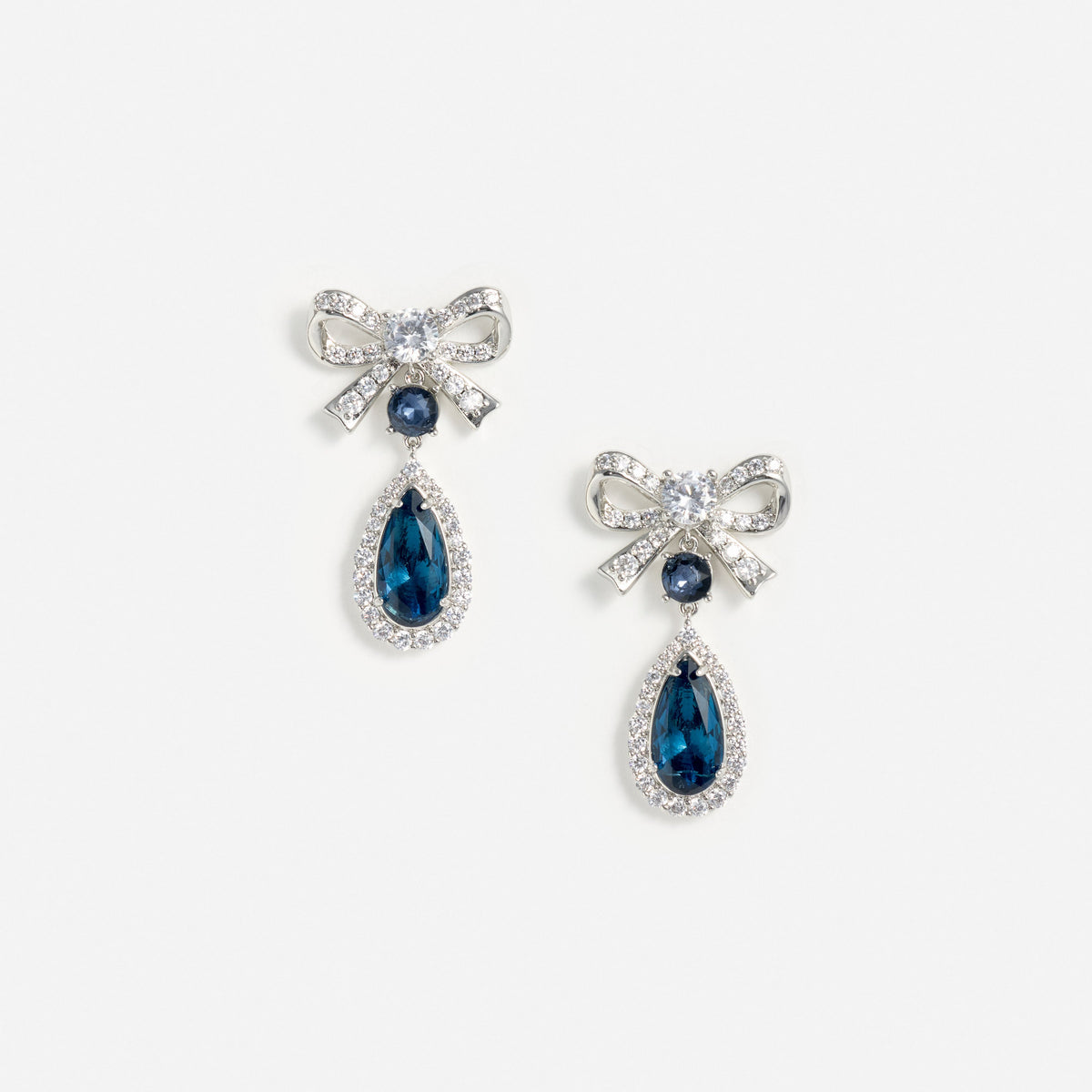 Silver Crystal Bow Blue Droplet Earrings