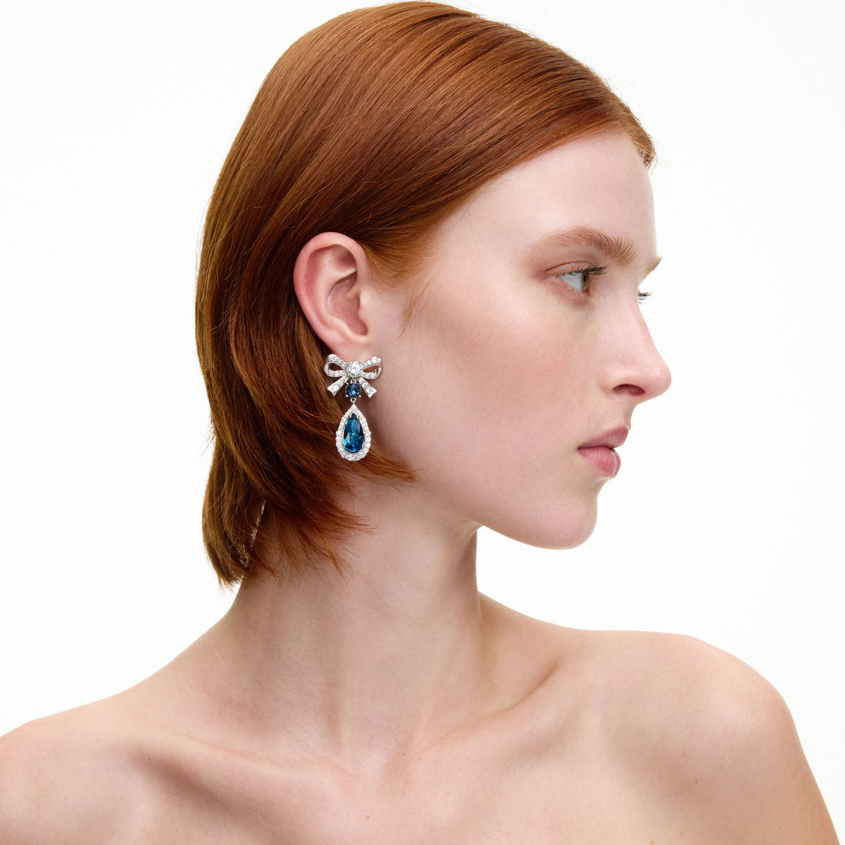 Silver Crystal Bow Blue Droplet Earrings