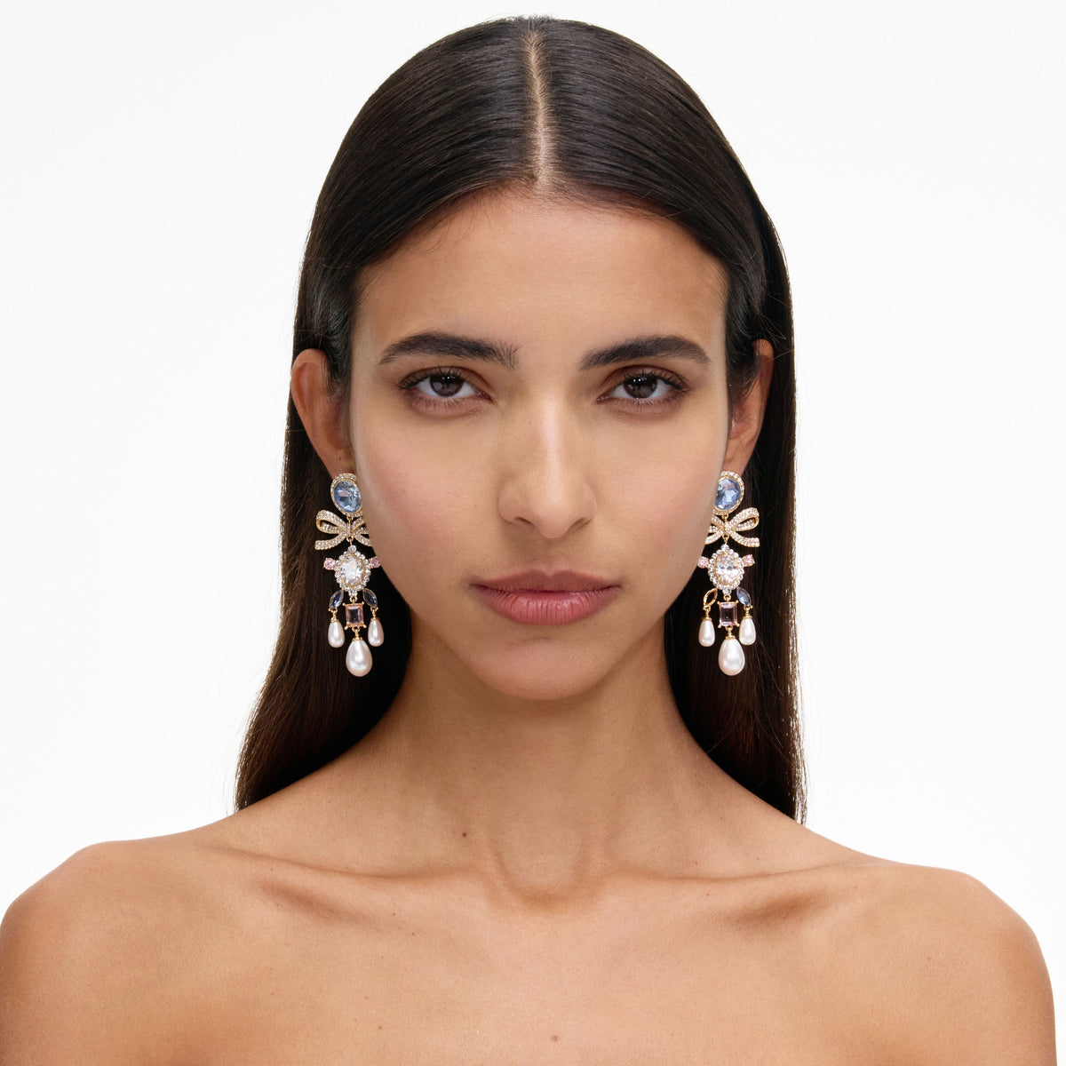 Gold Multi Crystal Bow Pearl Droplet Earrings