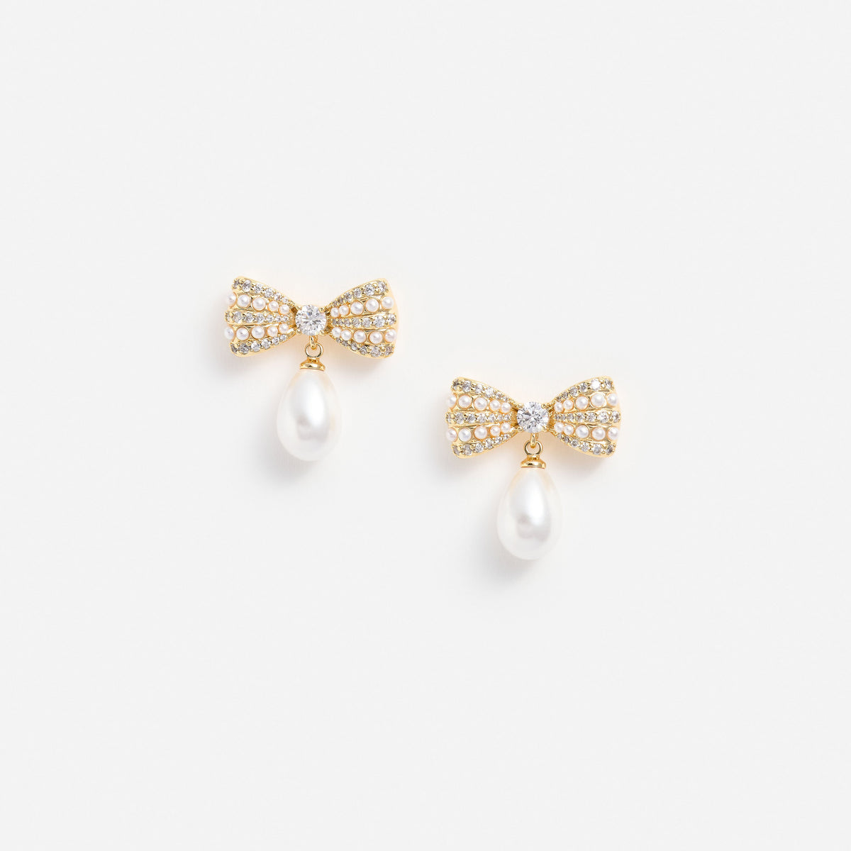 Gold Crystal Bow Pearl Droplet Earrings