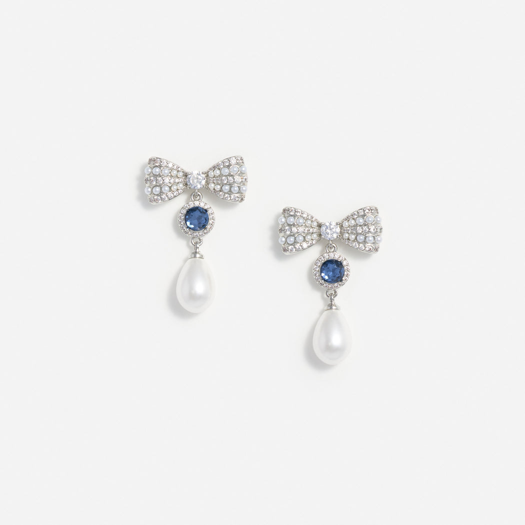 Silver Crystal Bow Blue Pearl Droplet Earrings