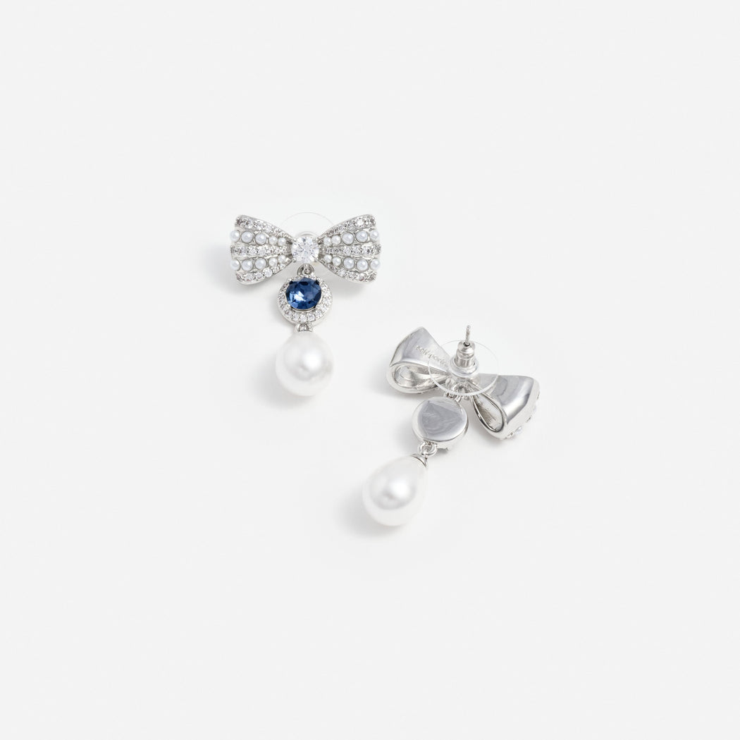 Silver Crystal Bow Blue Pearl Droplet Earrings
