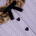 Purple Cable Knit Printed Fur Collar Cardigan