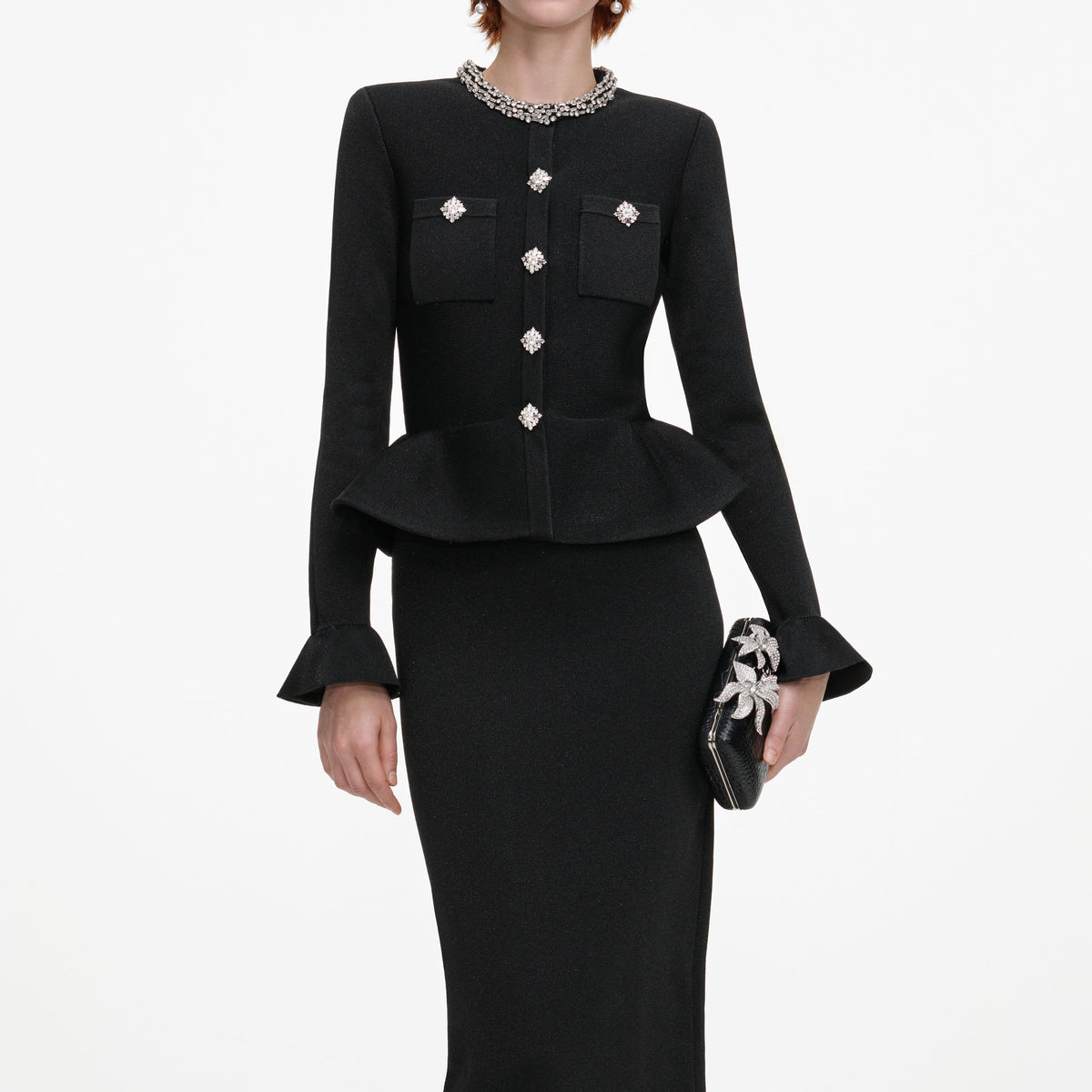 Black Crystal Trim Knit Midi Dress