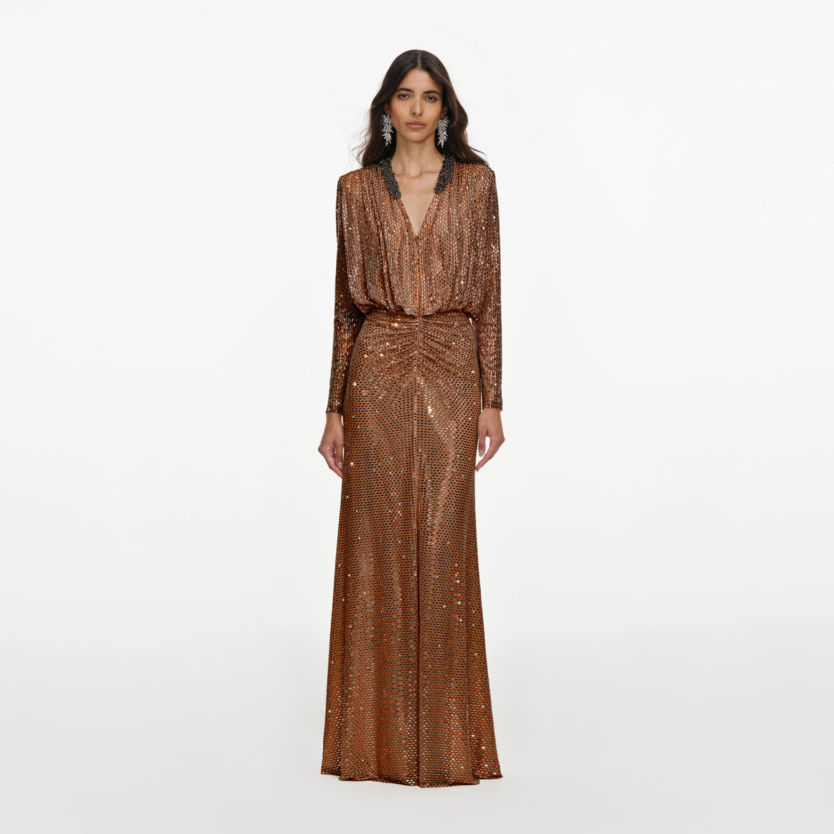 Bronze Rhinestone Embellished Maxi Dress