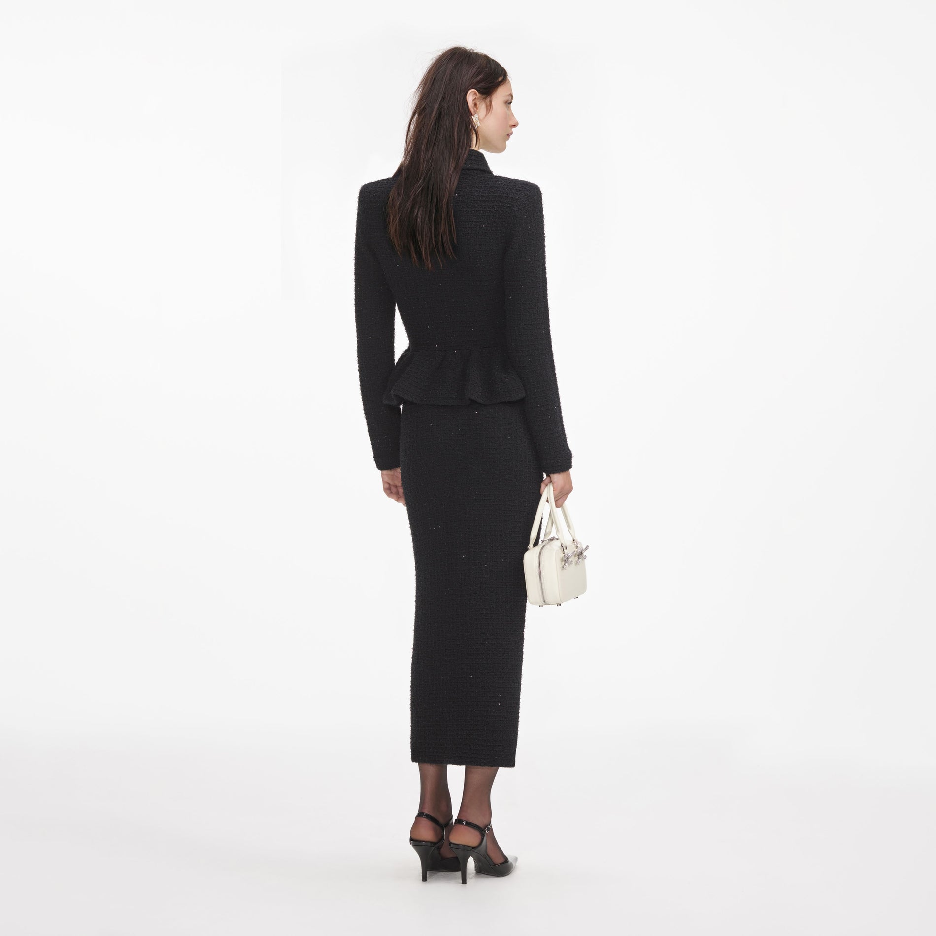 Black Textured Knit Peplum Midi Dress