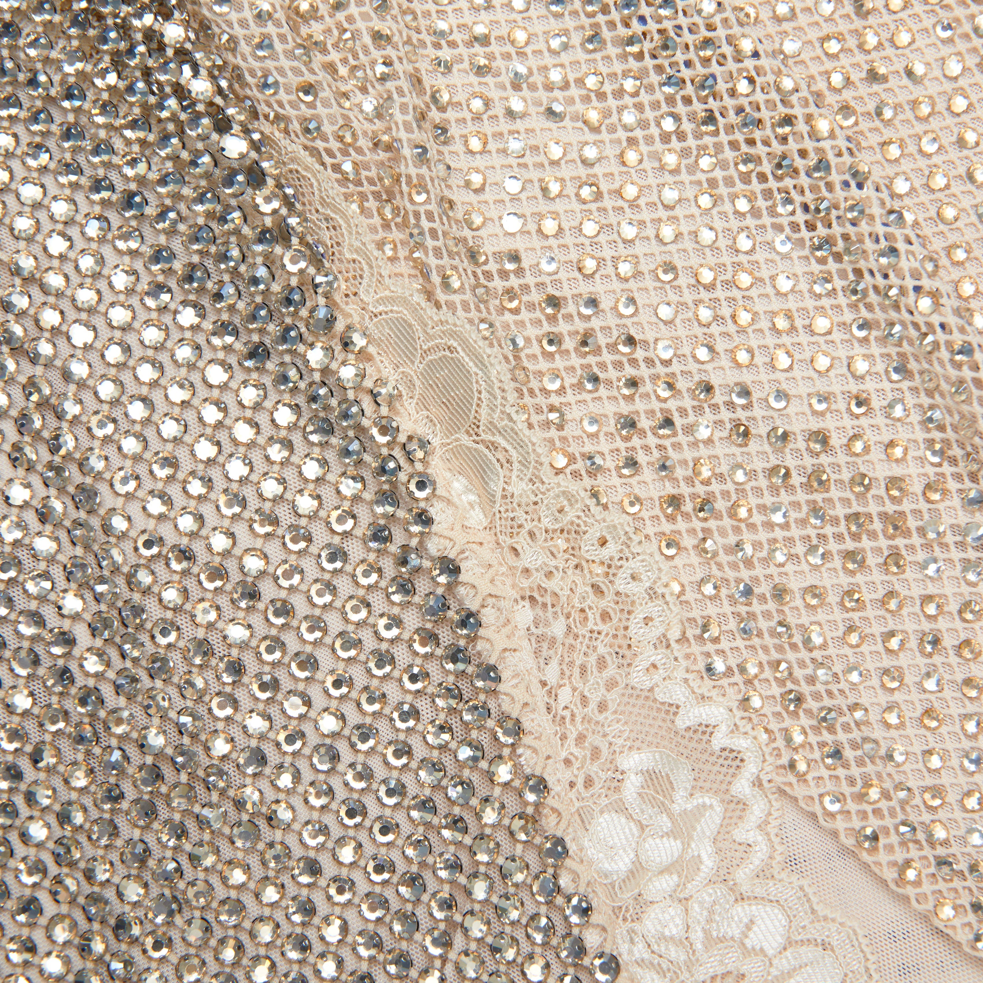 Champagne Rhinestone Lace Trim Mini Dress