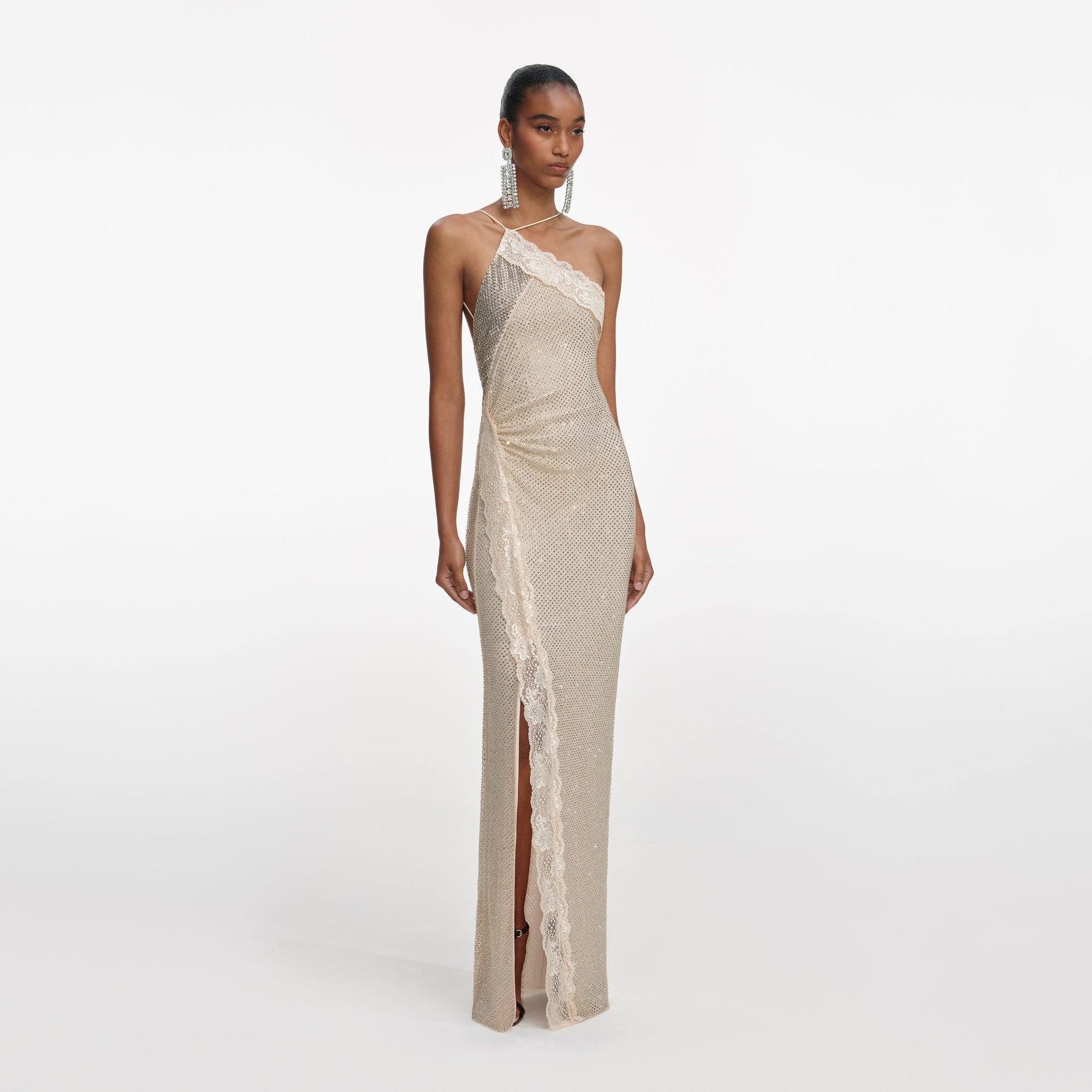 Side view of a woman wearing the Champagne Rhinestone Lace Trim Maxi Dress