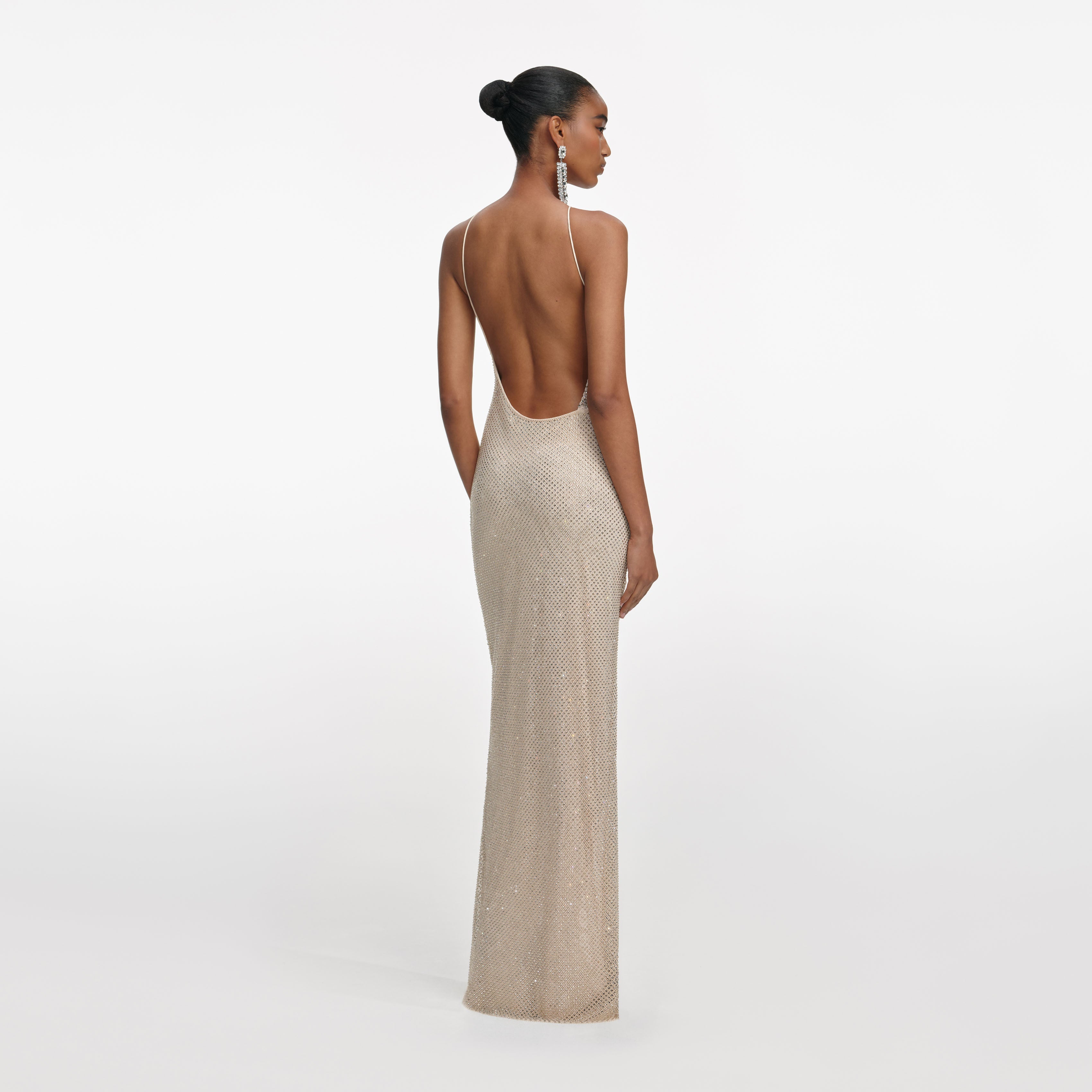 Champagne Rhinestone Lace Trim Maxi Dress