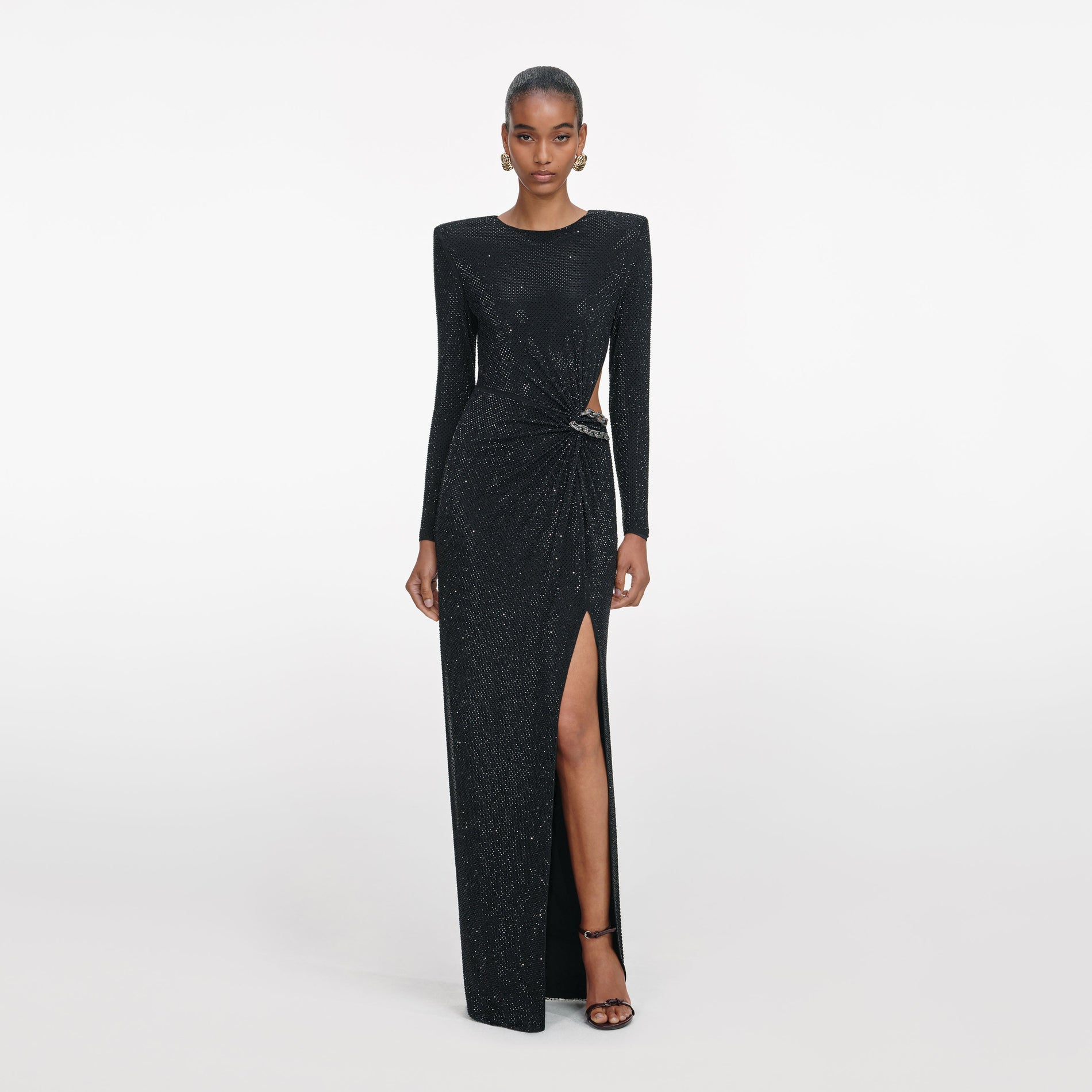 Front view of a woman wearing the Black Rhinestone Embellished Maxi Dress