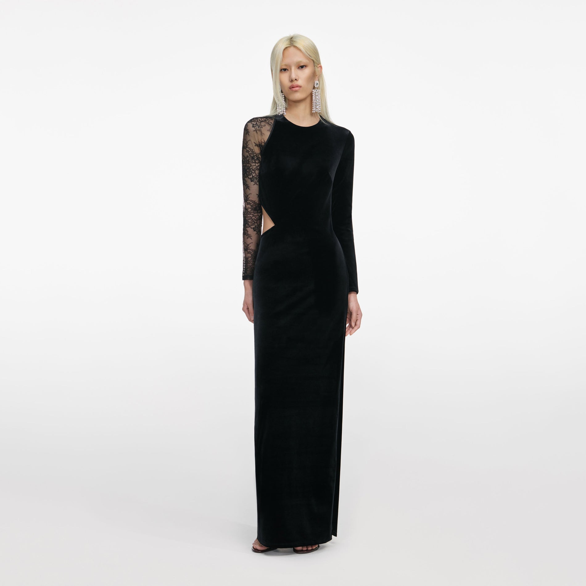 Front view of a woman wearing the Black Velvet Lace Maxi Dress